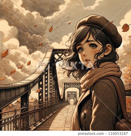 在陰雲密佈的天空下，一名年輕女子走在一座古老的鐵路橋上。她的臉上流露出深沉的情感，背景是落葉的秋景。 110053287