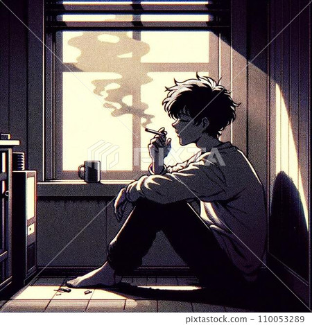 昏暗的房間裡,一個年輕人坐在窗邊,抽著煙思考。 80 年代 90 年代動漫風格復古插畫 昏暗的房間裡,一個年輕人坐在窗邊,抽著煙思考。 80 年代 90 年代動漫風格復古插畫 110053289