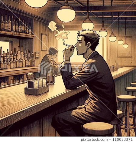 安靜的酒吧里，一名中年男子坐在櫃檯前抽煙。 110053371