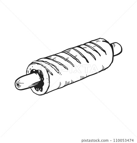 hand drawn vector illustration of fast food, ink sketch of hot dog in a bun and with mustard or sauce, black and white illustration of sausage with sauce isolated on white background 110053474