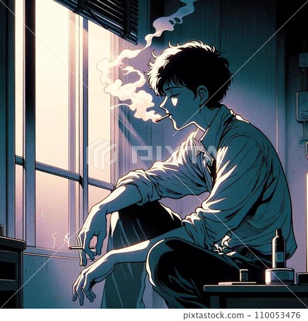 昏暗的房間裡，一個年輕人坐在窗邊，抽著煙思考。 80 年代 90 年代動漫風格復古插畫 110053476