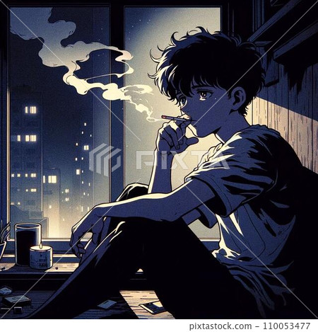 昏暗的房間裡，一個年輕人坐在窗邊，抽著煙思考。 80 年代 90 年代動漫風格復古插畫 110053477