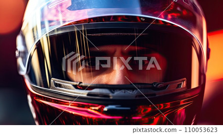 AI-generated content. Close-up of man in helmet, concentrated and motivated racer over blurred background. Winner, champion. Concept of motor sport, racing, competition 110053623
