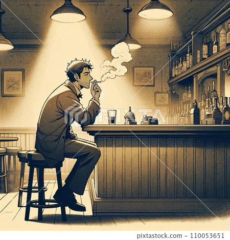 A middle-aged man sits at the counter and smokes a cigarette in a quiet bar. 110053651