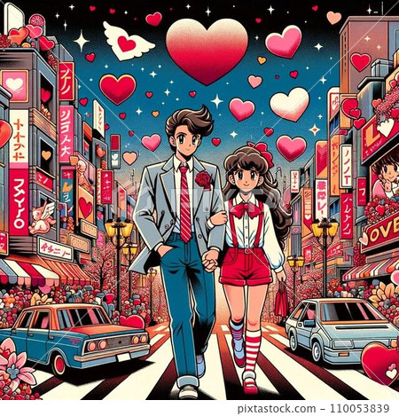 情人節歐洲風格城市景觀的復古插畫。 80-90年代動漫風格 情人節歐洲風格城市景觀的復古插畫。 80-90年代動漫風格 110053839