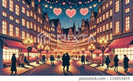 Retro illustration of European style cityscape for Valentine's Day. 80s-90s anime style 110053855