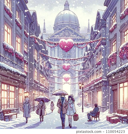 Retro illustration of European style cityscape for Valentine's Day. 80s-90s anime style 110054223
