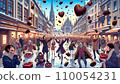 It looks like chocolate is falling from the sky. European style retro illustration for winter Valentine's Day. 110054231