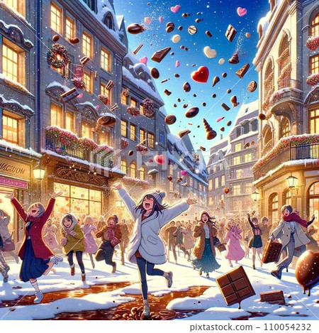 It looks like chocolate is falling from the sky. European style retro illustration for winter Valentine's Day. It looks like chocolate is falling from the sky. European style retro illustration for winter Valentine's Day. 110054232