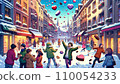 It looks like chocolate is falling from the sky. European style retro illustration for winter Valentine's Day. 110054233