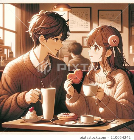 A couple enjoying a Valentine's date staring at each other at a cafe. A couple enjoying a Valentine's date staring at each other at a cafe. 110054241