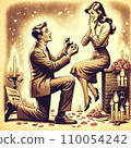 A young man makes a surprise proposal on Valentine's Day. The woman is surprised with her hand over her mouth 110054242