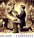 A young man makes a surprise proposal on Valentine's Day. The woman is surprised with her hand over her mouth 110054243