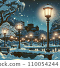 A park with no people in the snow and illuminated by street lights at night. 110054244