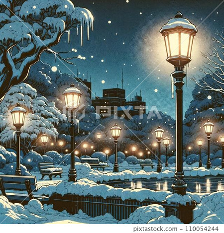 A park with no people in the snow and illuminated by street lights at night. 110054244