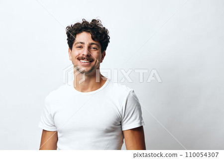 Man background white hair isolated fashion studio one portrait hipster serious t-shirt smile lifestyle 110054307