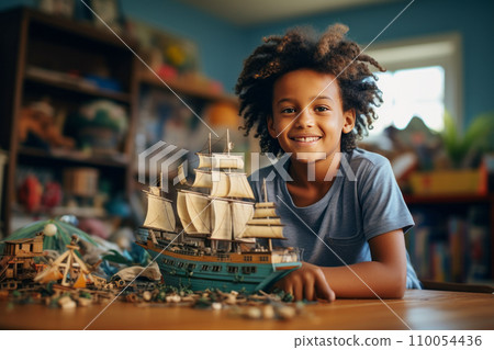 AI-generated content. A little African American boy sits at the table in his cozy room and plays with a construction set. Happy smart kid assembling a working model of a historical sailing ship. Play 110054436