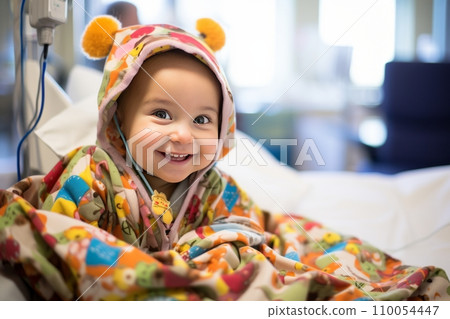 AI-generated content. An adorable baby undergoes cancer treatment in a hospital. The brave toddler smiles and plays with toys, he does not give up and is confident of victory over the terrible disease 110054447