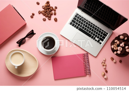 AI-generated content. Top view of laptop, notepad, gift box, cups of coffee and decorations on pink background. Cyber Monday, Black Friday, Christmas sale background with copy space. Online holiday 110054514