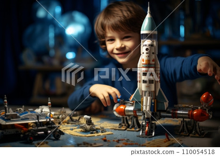 AI-generated content. A little Caucasian boy sits at the table in his cozy room and plays with a construction set. Happy smart kid assembling a realistic model of cosmodrome and spaceship. Play and 110054518