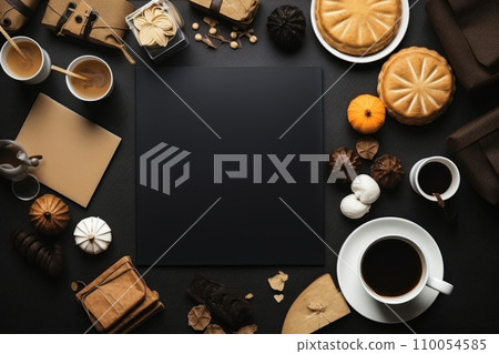 AI-generated content. Top view of gift boxes, cups of coffee, cookies and holiday decorations on the black background. Cyber Monday, Black Friday, Christmas sale background with copy space. Online 110054585