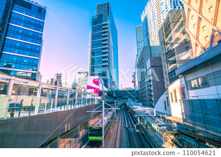 Japan's Tokyo cityscape View of the newly created Shibuya Sakura Stage, Yamanote Line, Shibuya Station, etc. 110054621
