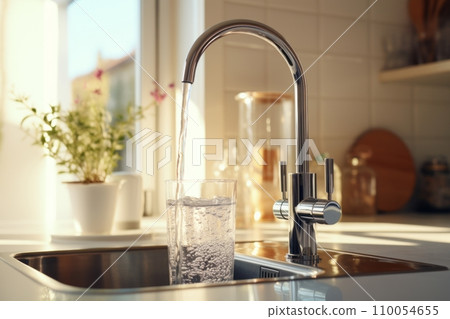 AI-generated content. Close-up of modern chrome kitchen faucet with running water, acrylic stone countertop, stainless steel built-in sink against the background of white tile wall, window and indoor 110054655
