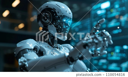 AI-generated content. Imaginary illustration of android robot in front of touch screen in futuristic science lab. Artificial intelligence, robot engineering, innovation concept. 110054816