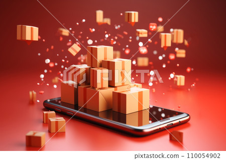 AI-generated content. Stack of parcels standing on smartphone screen and cardboard boxes floating around against the red backdrop. Online shopping, delivery and tracking concept. 3D illustration. AI-generated content. Stack of parcels standing on smartphone screen and cardboard boxes floating around against the red backdrop. Online shopping, delivery and tracking concept. 3D illustration. 110054902