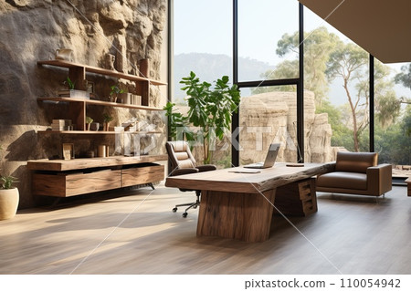 Office space adorned with natural finishes wood and stone. Furniture with minimalist design Office space adorned with natural finishes wood and stone. Furniture with minimalist design 110054942