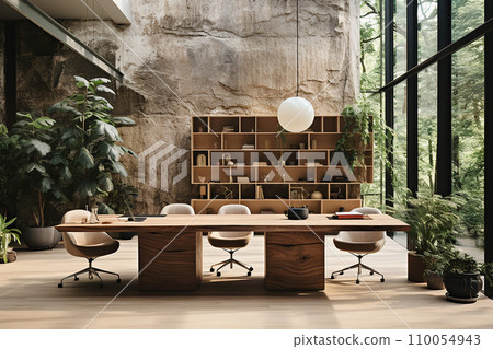 Workspace featuring a spacious, ergonomic desk adorned with minimal decorations to promote a focused and efficient work atmosphere Workspace featuring a spacious, ergonomic desk adorned with minimal decorations to promote a focused and efficient work atmosphere 110054943
