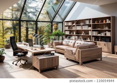 Office with a spacious desk adorned with minimal decor, atmosphere of orderly productivity Office with a spacious desk adorned with minimal decor, atmosphere of orderly productivity 110054944