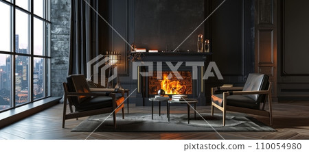 AI-generated content. Modern minimalist living room in luxurious loft apartment. Dark walls, bio fireplace, luxury armchairs, panoramic windows with scenic city view. 110054980