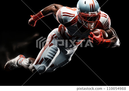 AI-generated content. Portrait of American football player running with the ball. Muscular athlete in a white and red uniform with an ovoid ball in a dynamic pose. Isolated on black background. AI-generated content. Portrait of American football player running with the ball. Muscular athlete in a white and red uniform with an ovoid ball in a dynamic pose. Isolated on black background. 110054988