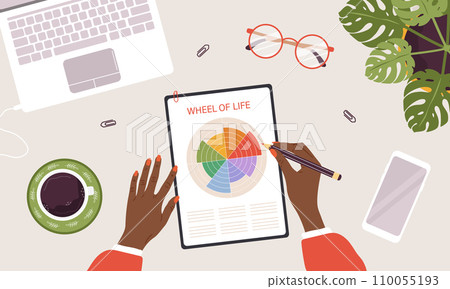 The Wheel of life. Woman analysis her needs. African female hand holding pen and drawing circle diagram of life balance. Top view workplace. Well-being concept. Vector illustration in cartoon style The Wheel of life. Woman analysis her needs. African female hand holding pen and drawing circle diagram of life balance. Top view workplace. Well-being concept. Vector illustration in cartoon style 110055193
