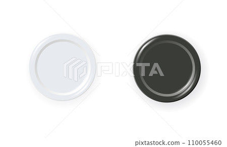 Black and white checkers chips. 3d realistic round badge with circle convex lines on surface and shadow to play on checkerboard. Vector 110055460