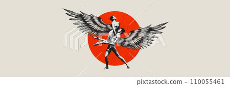 Man and woman with feather connected with string over light background. Love and pain. Contemporary art collage. 110055461