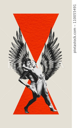 Muscular young man dancing with beautiful young woman feather over light background. Contemporary art collage. 110055491
