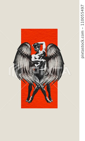 Young man with feather behind his back, hugging tender young girl over light background with red element. Protection, domination. Contemporary art collage. 110055497