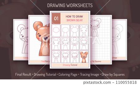 How to Draw a Brown Bear. Step by Step Drawing Tutorial. Draw Guide. Simple Instruction. Coloring Page. Worksheets for Kids and Adults. How to Draw a Brown Bear. Step by Step Drawing Tutorial. Draw Guide. Simple Instruction. Coloring Page. Worksheets for Kids and Adults. 110055818