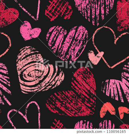 Crayon hearts seamless pattern. Valentines day hearts on black background. Children drawing love symbol in doodle freehand style. Chalk texture, seamless romantic print. Vector Crayon hearts seamless pattern. Valentines day hearts on black background. Children drawing love symbol in doodle freehand style. Chalk texture, seamless romantic print. Vector 110056165