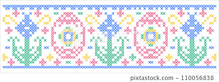 Easter pattern with flowers and Easter eggs in cross stitch style on white background. 110056838