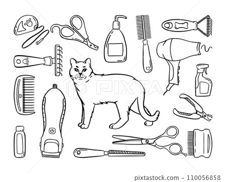 Pet grooming set. Salon for animals. Doodle style animal and character hand drawn. Vector illustration. 110056858