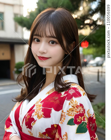 “AI-generated image” of a Minato Ward girl smiling in a kimono 110056899