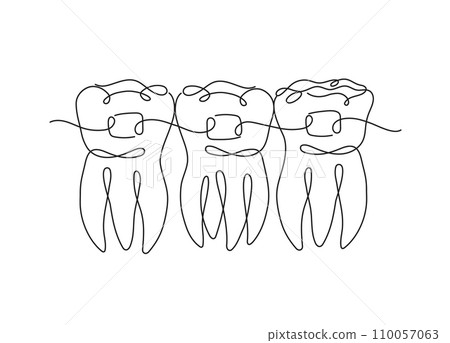 Teeth with braces flat line white color 110057063