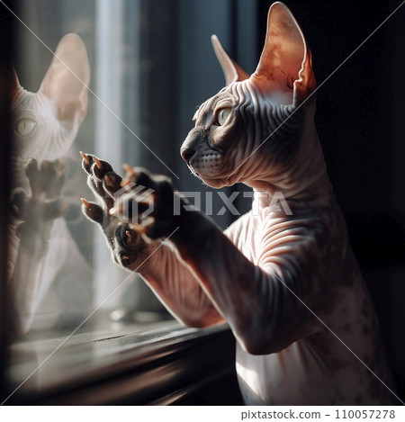 Sphynx cat looks out window and scratches glass with its claws, portrait, close-up 110057278