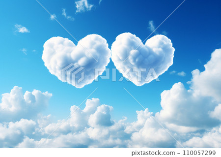 Heart shaped clouds in the sky. Flying clouds with heart shape. Love, romantic and wedding concept. Happy Valentine's day cart, love is in the air, fantasy weather lovely background 110057299