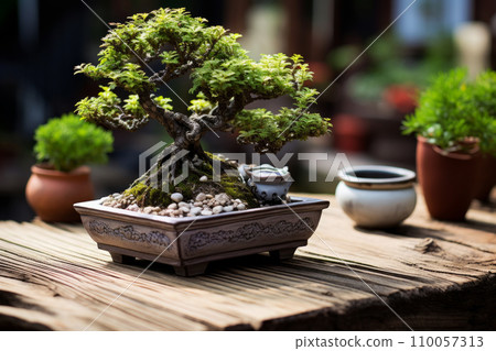 A well tended bonsai tree with lush foliage in a decorated ceramic pot on a wooden table. Generative AI 110057313