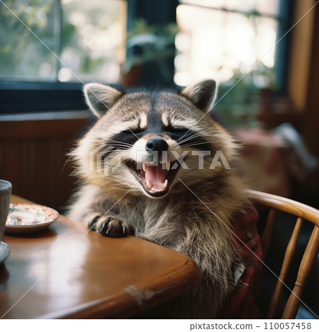 Cheerful smiling laughing cute fluffy raccoon, portrait, close-up, adorable pet 110057458