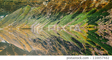 Tatra National Park, Poland. Calm Lake Czarny Staw under Rysy And Summer Mountains Landscape. Beautiful Nature, Scenic View Of Five Lakes Valley. UNESCO World Heritage Site 110057482